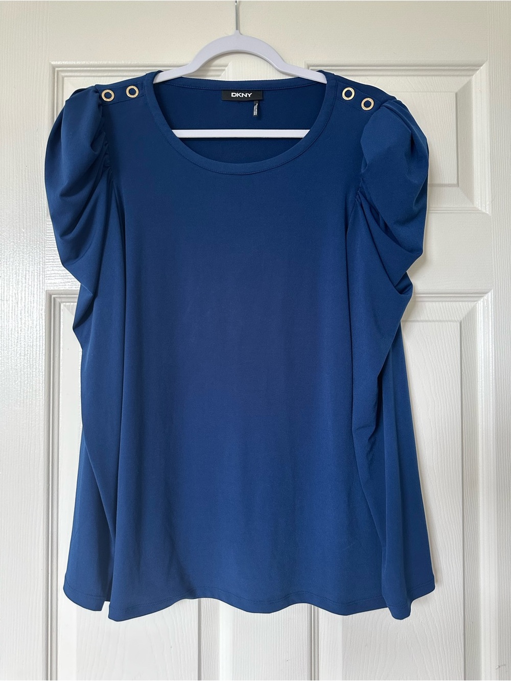 DKNY Ruched Long Sleeve Puff Cobalt Blouse Shirt Jersey